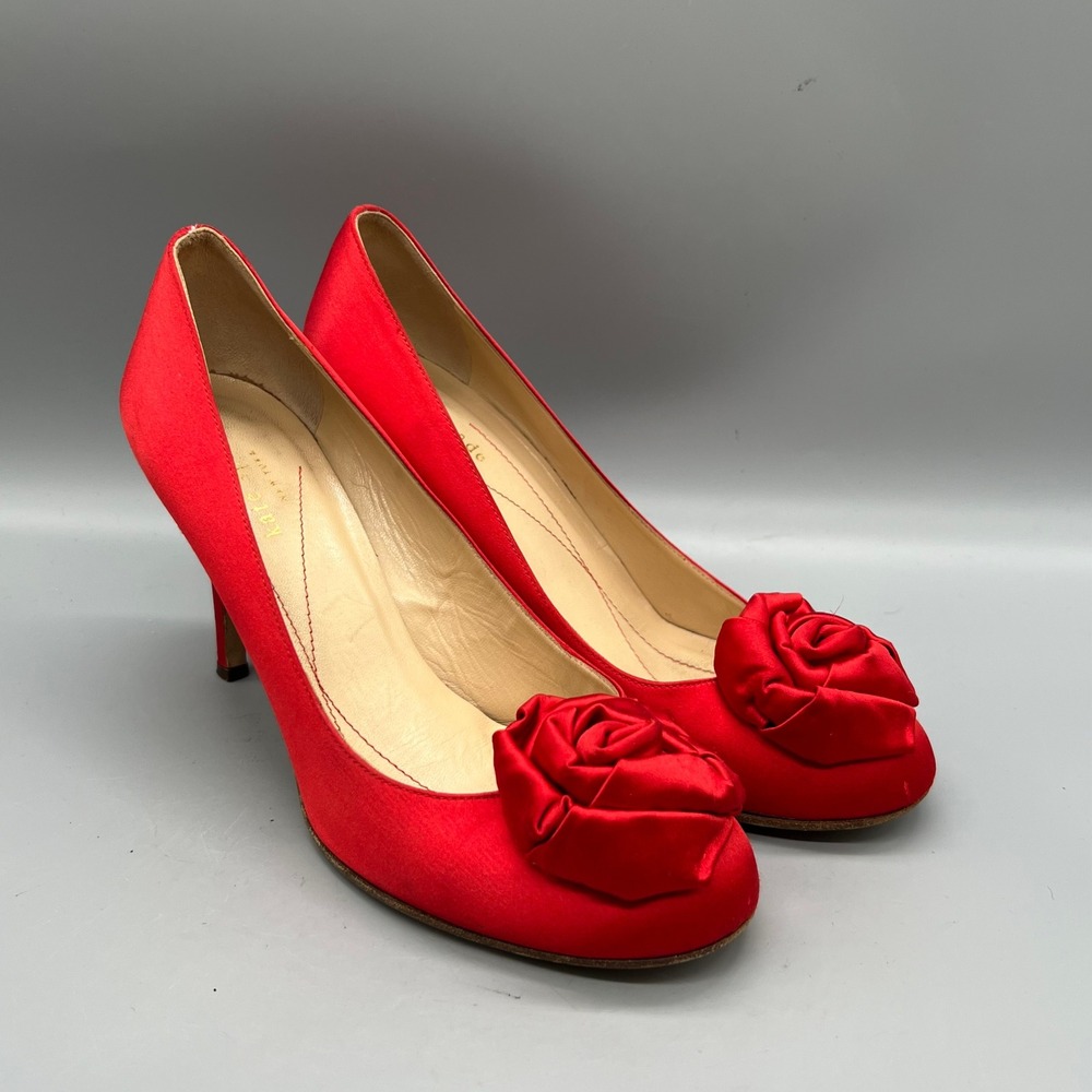 Kate Spade Shoes Womens 8.5 Red Satin Rosette Stiletto Heels Coquette Vtg Pumps - Picture 2 of 11